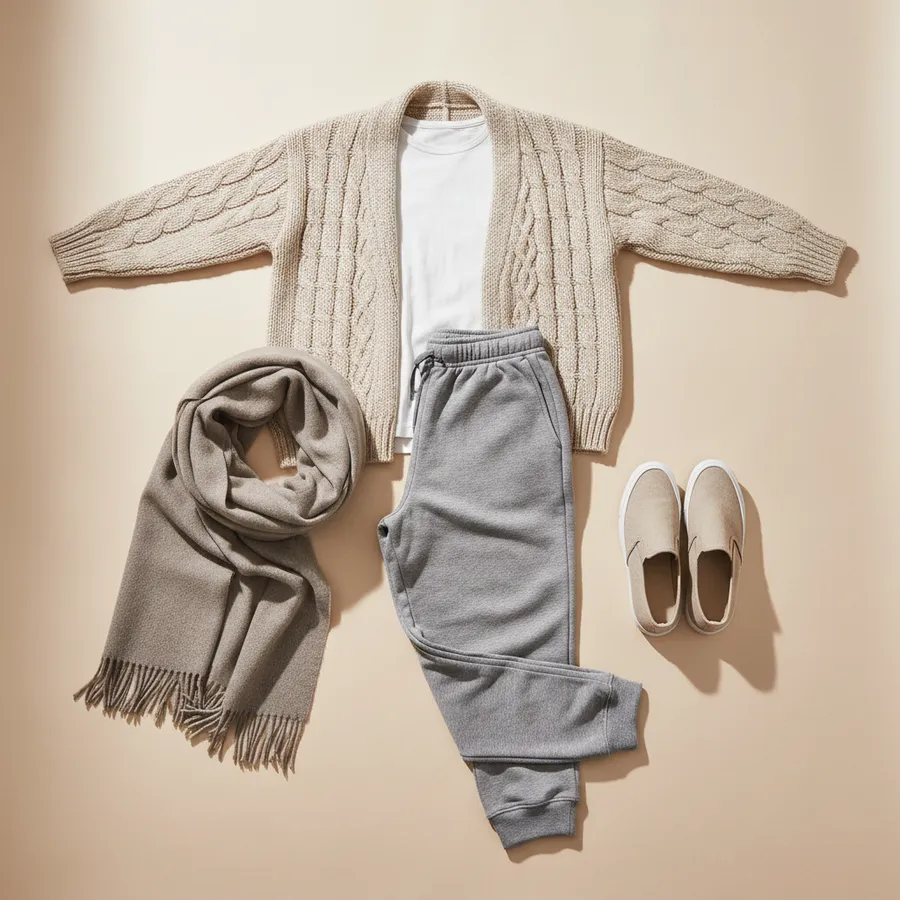 Kenyamanan rute panjang: Celana jogger lembut, Atasan lengan panjang, Kardigan atau hoodie, Sneakers slip-on, Syal
