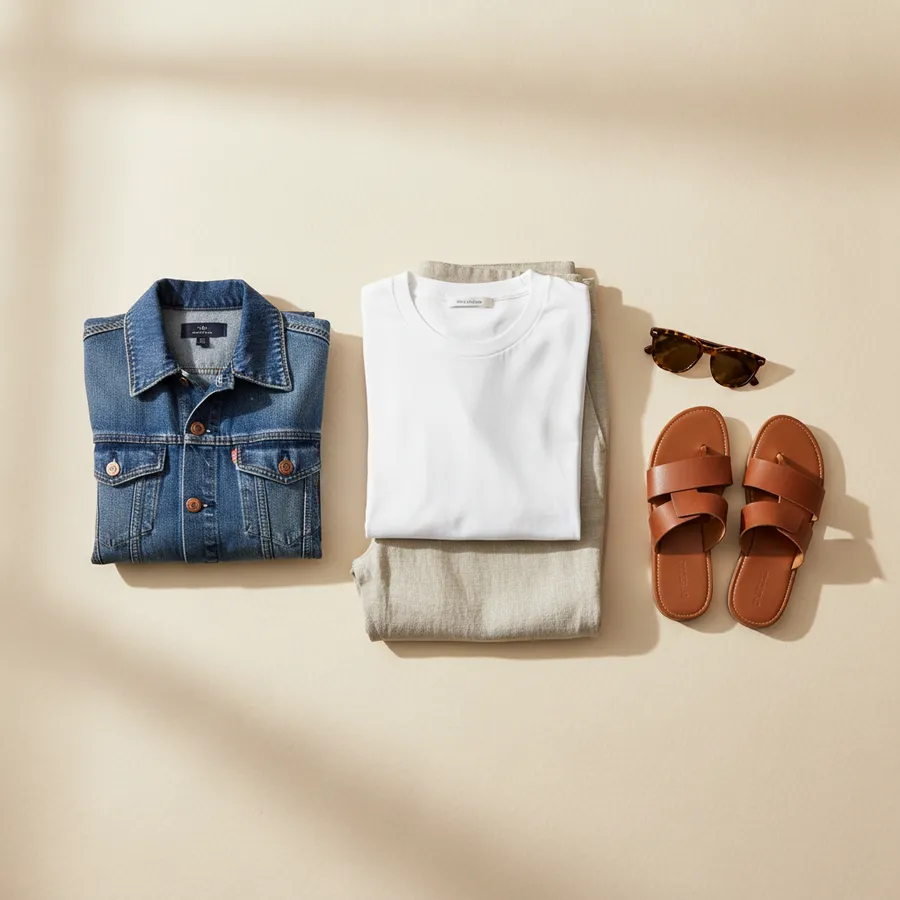 Menuju destinasi hangat: Celana panjang linen, Kaus, Jaket denim, Sandal di dalam tas, Kacamata hitam