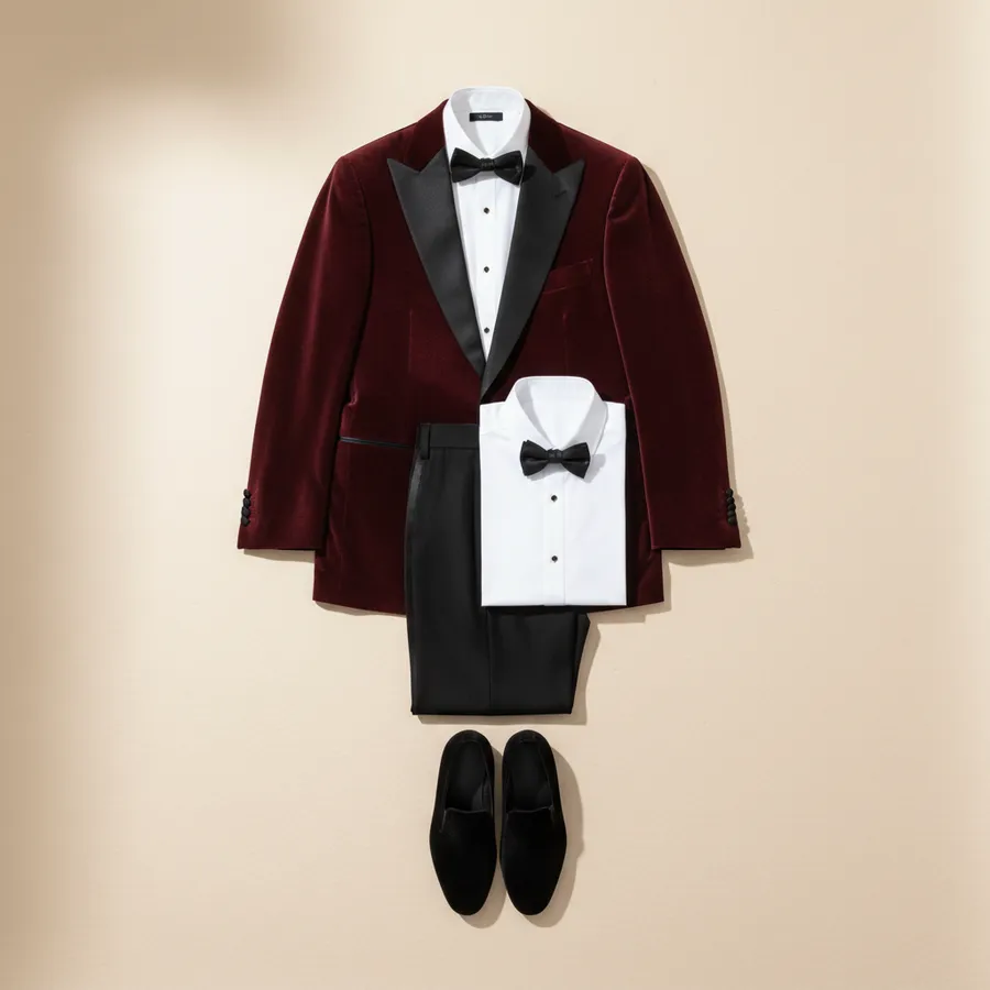 Moderne Abendgarderobe: Samtsakko, Schwarze Hose, Smokinghemd, Fliege, Samt-Slipper