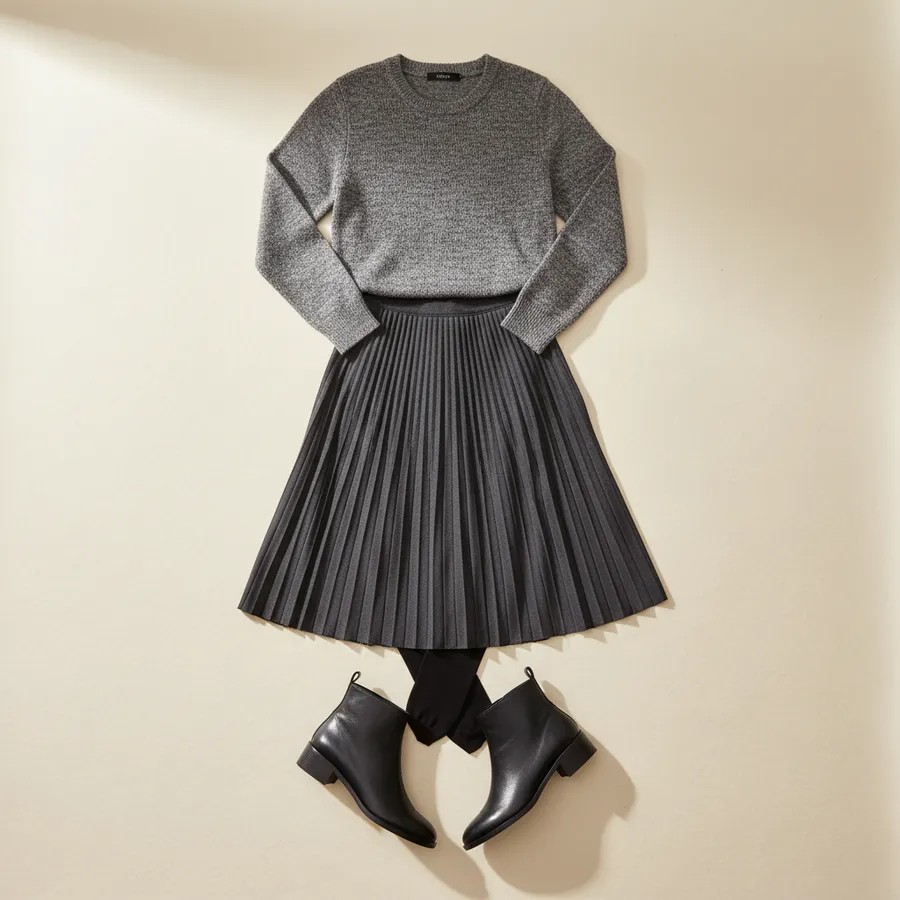 Knit and skirt: Fine knit, Midi skirt, Tights, Leather boots