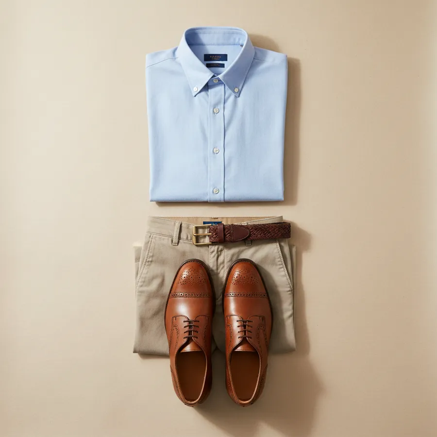 Shirt and chinos: Oxford shirt, Chinos, Leather belt, Loafers or brogues