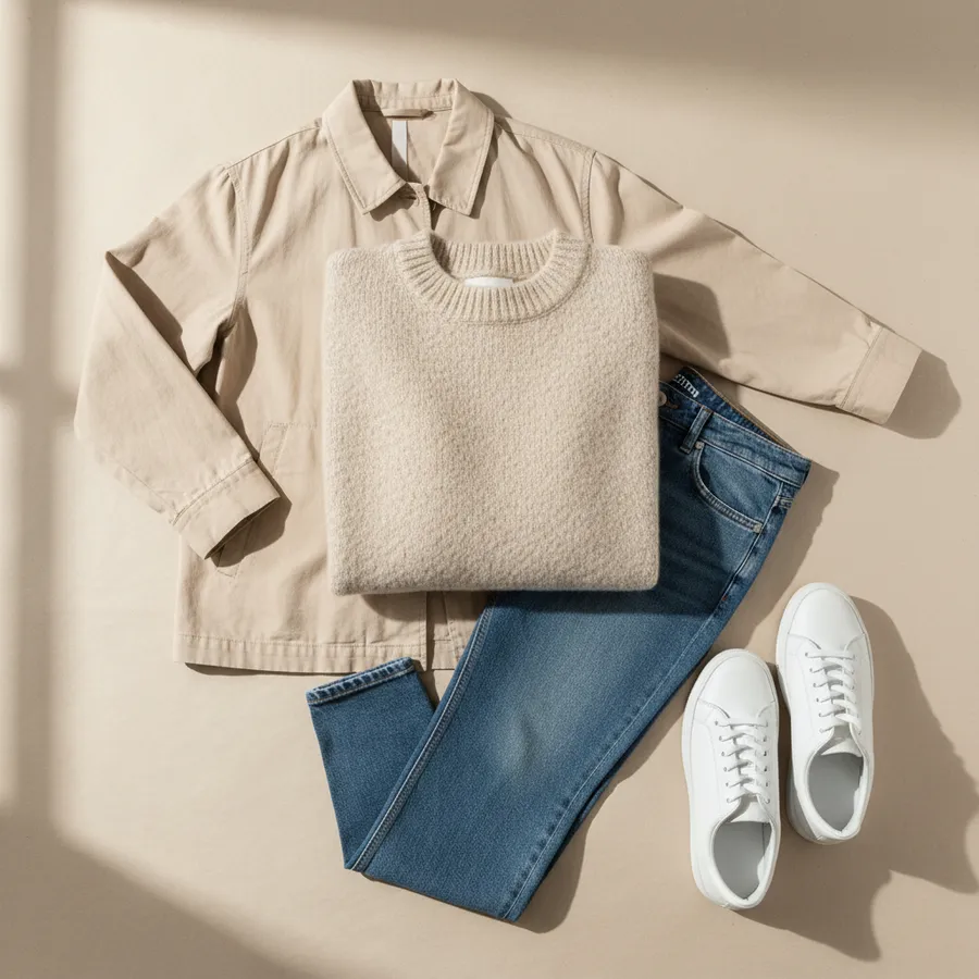 Kawa lub spacer: Sweter z cienkiej dzianiny, Proste jeansy, Czyste sneakersy, Lekka kurtka