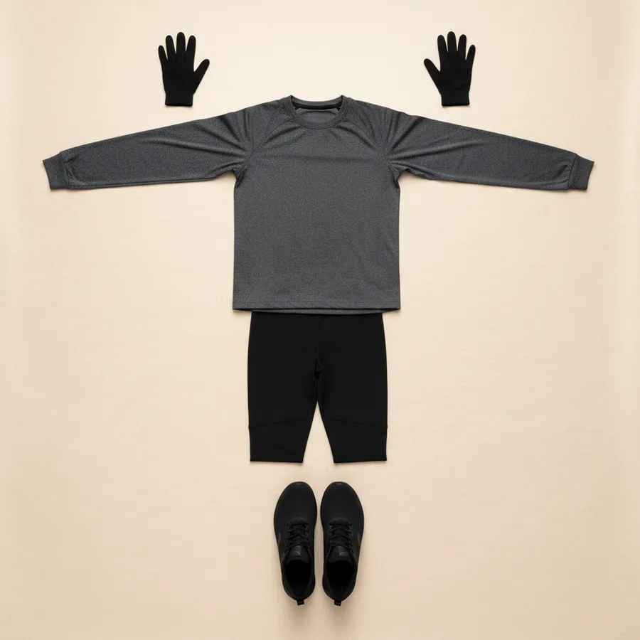 Around 5 to 10 °C: Long-sleeve running top, Running tights, Light gloves, Running shoes