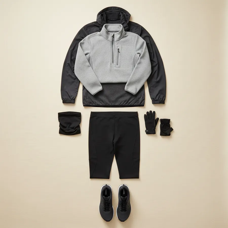 Below freezing: Base layer, Thermal mid layer, Windproof jacket, Thermal tights, Neck gaiter, Mittens