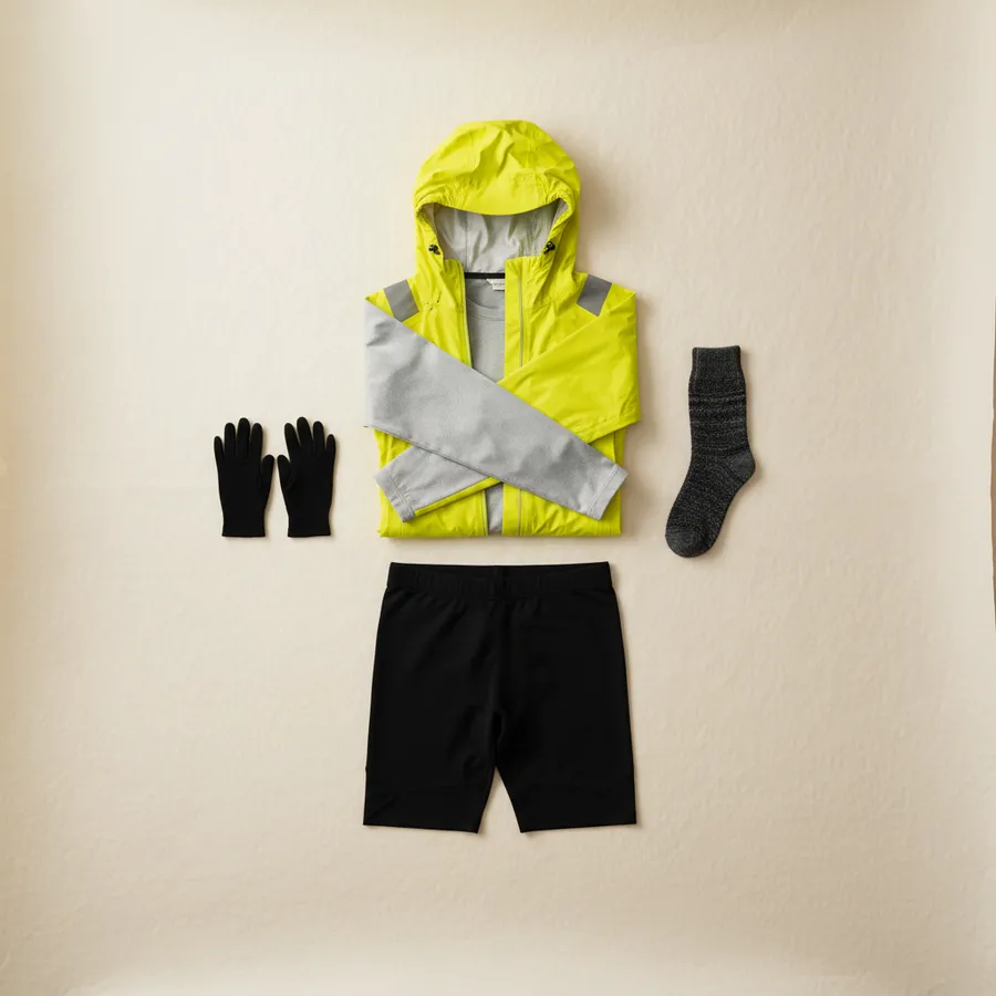 Kalter, starker Regen: Baselayer, Atmungsaktive, wasserdichte Jacke, Lauftights, Dünne Handschuhe, Wollsocken