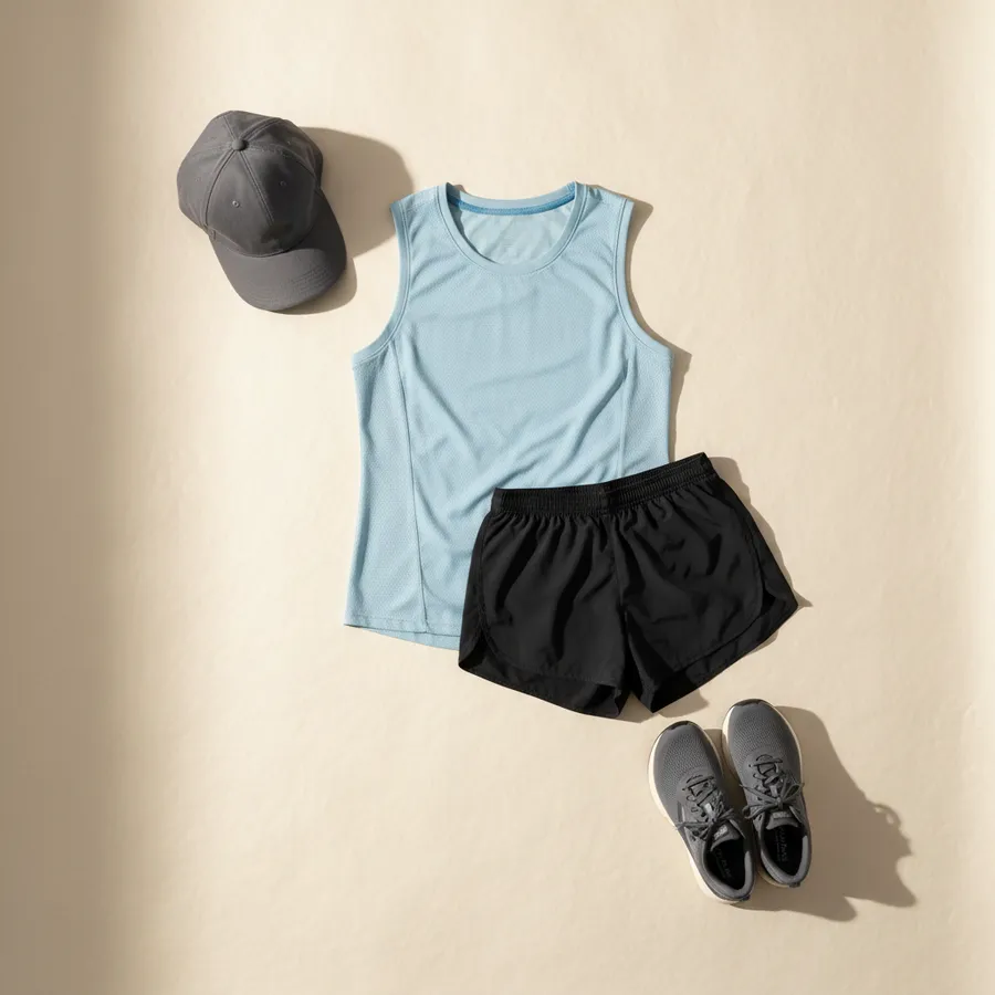 Warmer Sommerregen: Lauftop, Laufshorts, Kappe, Laufschuhe