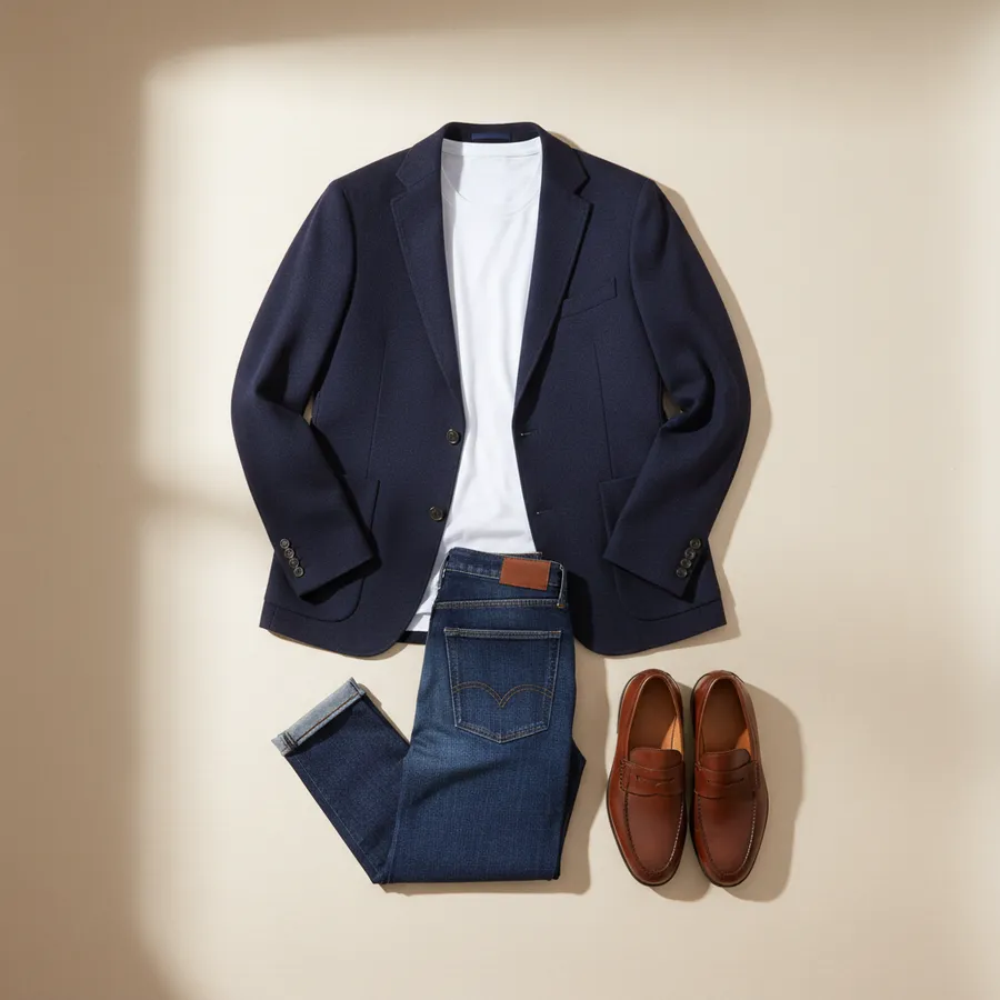 Blazer formülü: Lacivert blazer, Beyaz tişört veya gömlek, Koyu renk kot pantolon, Loafer ayakkabı