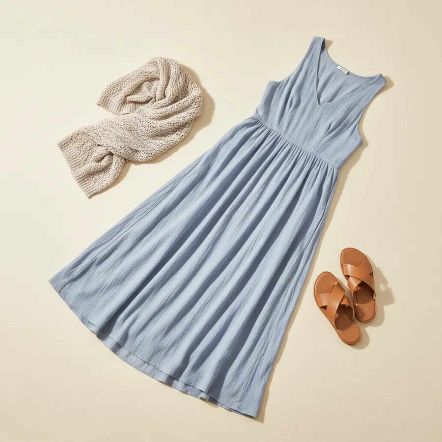 A beach wedding: Flowing maxi dress, Flat sandals, Wrap for the evening