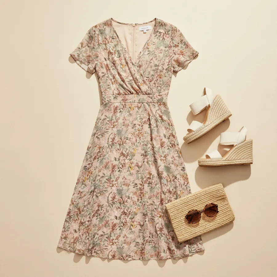 A garden party: Printed midi dress, Espadrille wedges, Straw clutch, Sunglasses