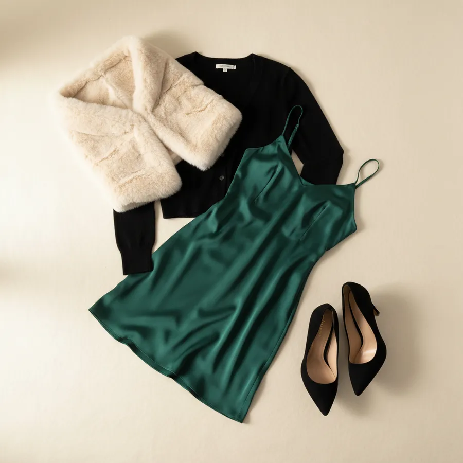 Satin für den Abend: Slipkleid aus Satin, Feinstrick-Cardigan, Absatzschuhe, Kunstfell-Stola