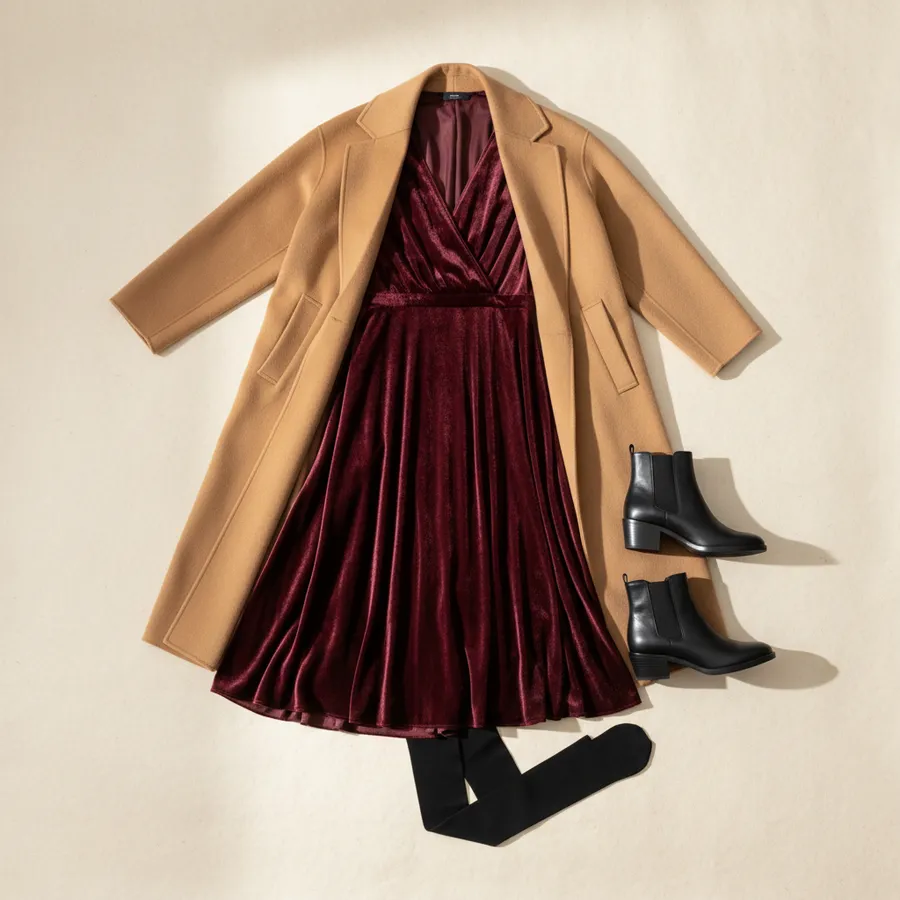 Samt und Strumpfhose: Midikleid aus Samt, Schwarze Feinstrumpfhose, Stiefeletten mit Absatz, Langer Wollmantel