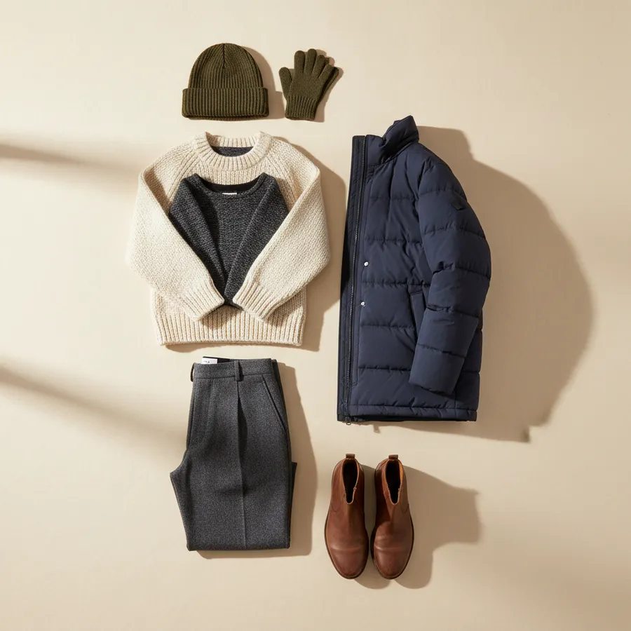 Dia a dia: Camisola de manga comprida, Camisola de malha, Calças, Casaco acolchoado, Gorro e luvas, Botas em pele