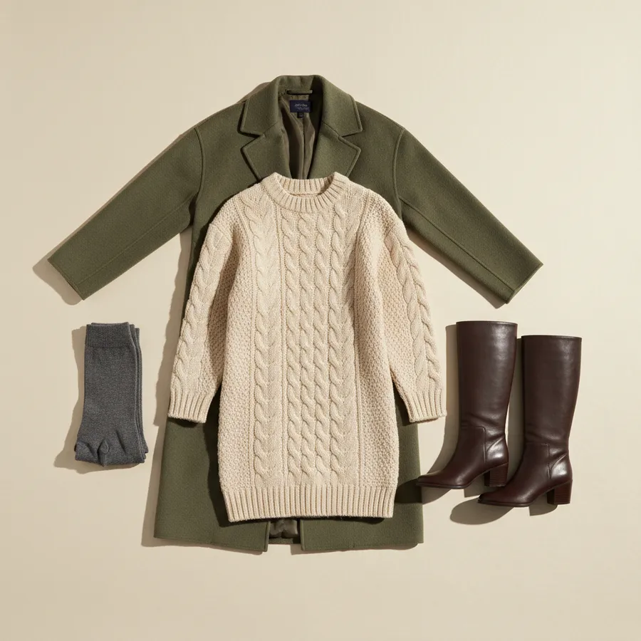 Noite: Vestido de malha ou camisola, Collants ou calças, Sobretudo de lã, Botas