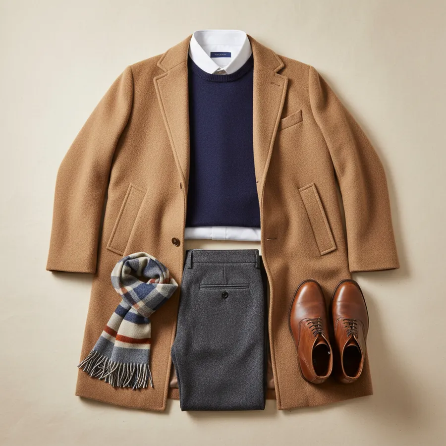Dia a dia: Camisa, Camisola de malha, Calças, Sobretudo de lã, Cachecol, Sapatos em pele ou botas
