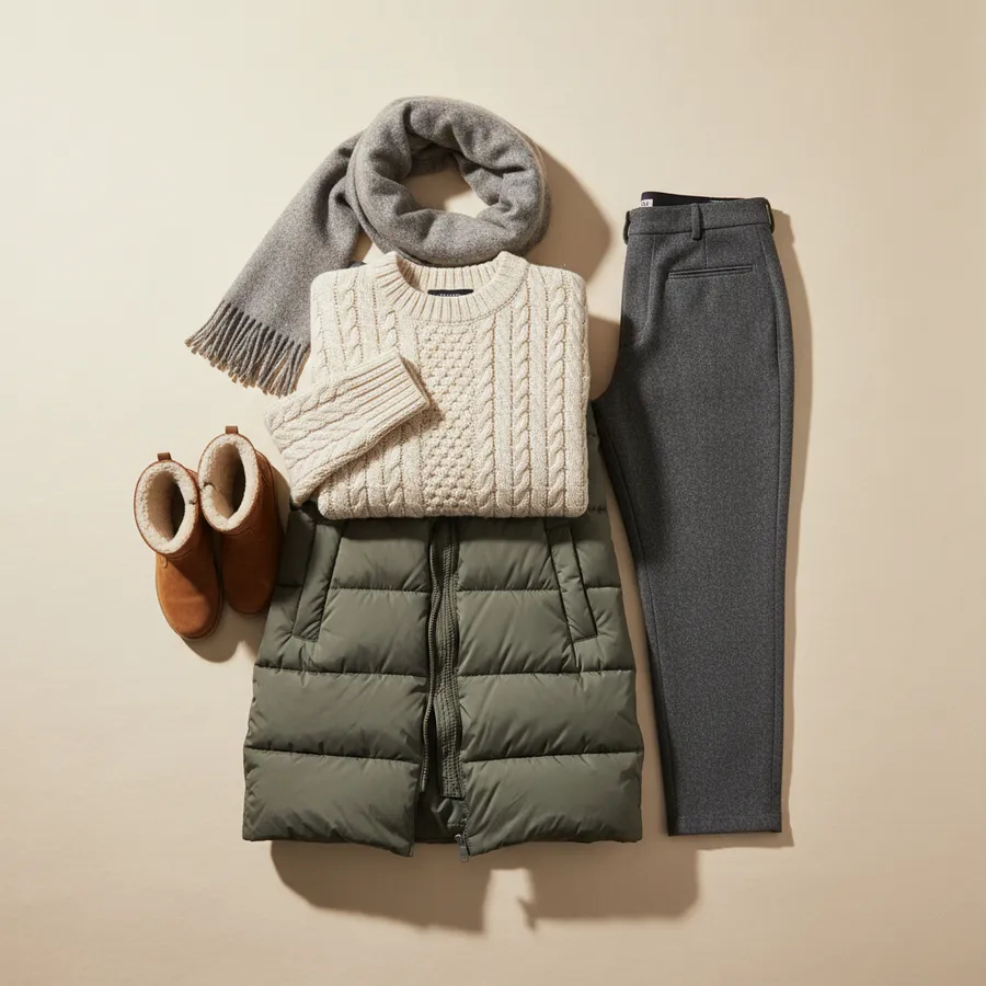 Sera: Maglione in maglia, Pantaloni di lana, Cappotto lungo imbottito, Stivali foderati, Sciarpa