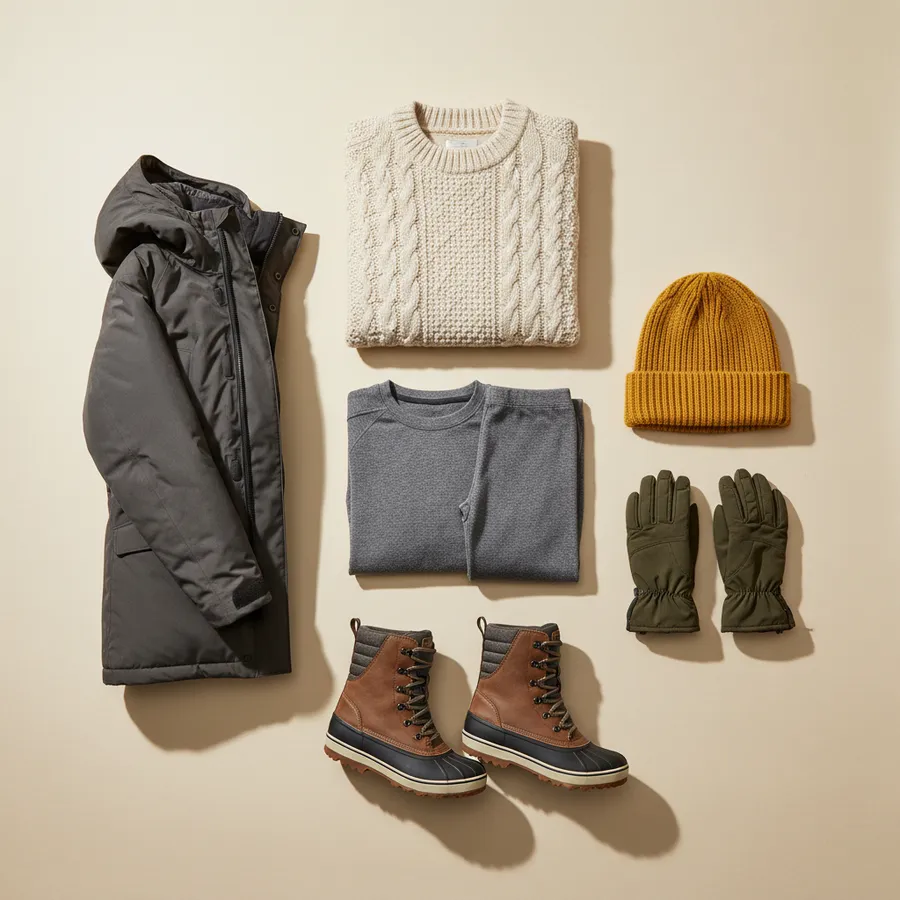 Tragitto casa-lavoro sotto la neve: Intimo termico, Maglione di lana, Cappotto impermeabile imbottito, Cappello e guanti, Stivali impermeabili antiscivolo