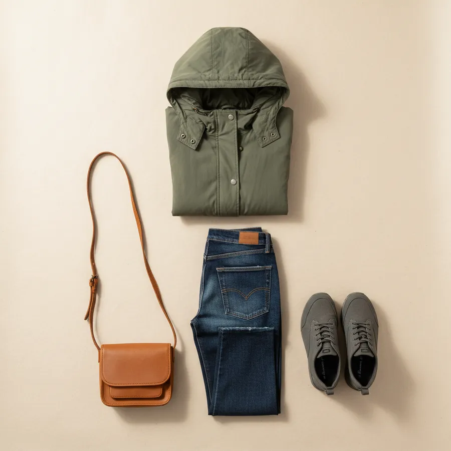 Weekend showers: Hooded parka, Jeans, Waterproof trainers, Crossbody bag