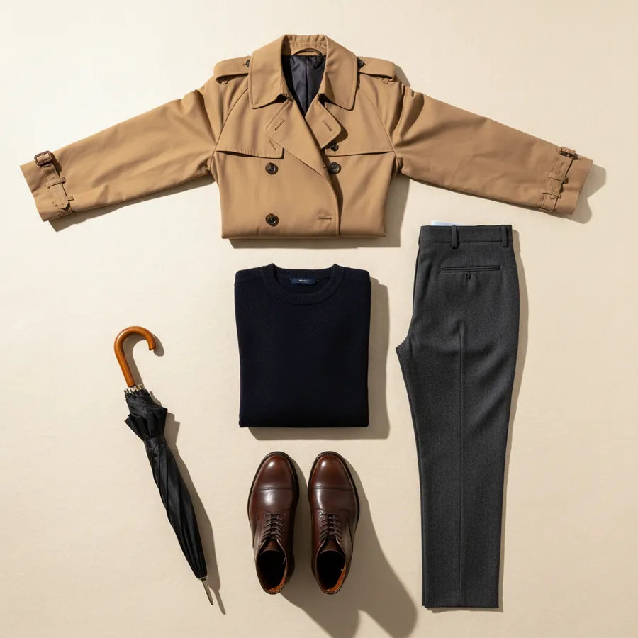 Rainy commute: Trench coat, Jumper, Dark trousers, Leather boots, Umbrella