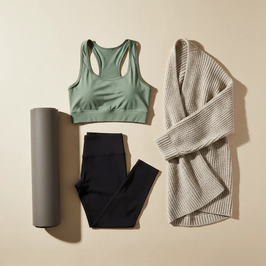 A flowing class: Fitted vest, High-waisted leggings, Light wrap for relaxation